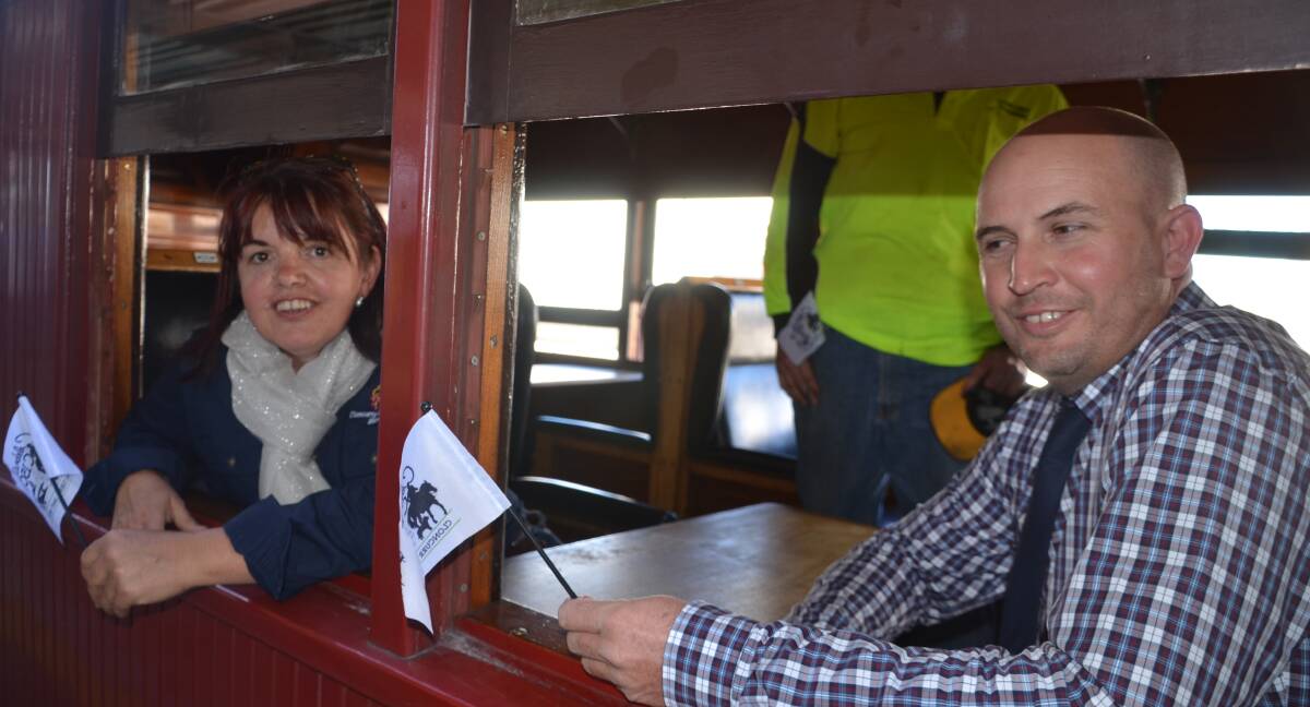 ALL ABOARD: Cr Vicky Campbell and Mayor Greg Campbell welcome the C150 steam train into Cloncurry. Photos: Derek Barry