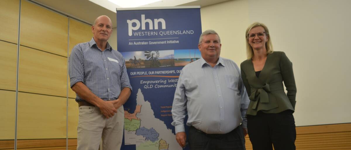 Stuart Gordon, Shane Stone and Meredith Staib at the North West Flood Recovery Summit in Cloncurry on Wednesday.