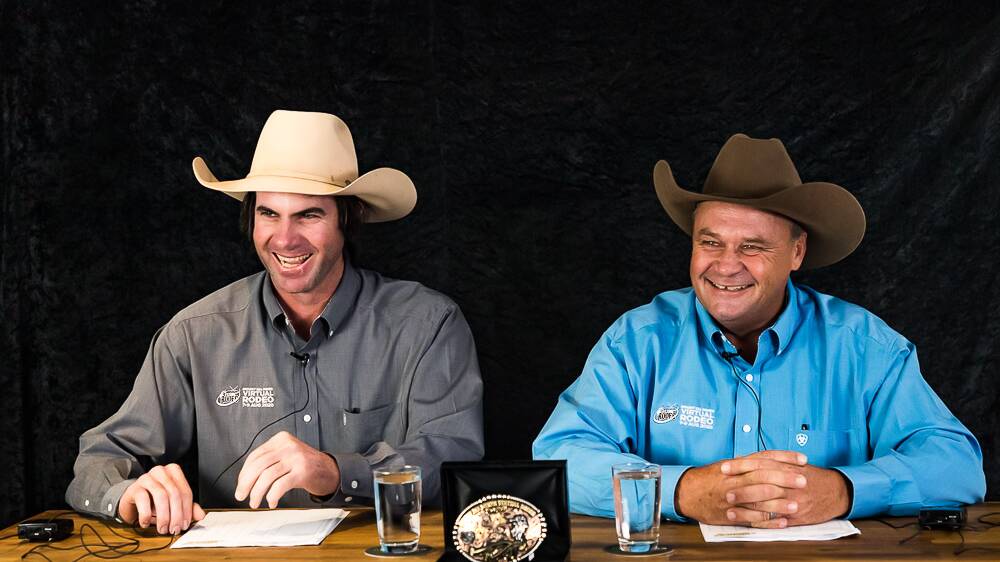 Announcers Aaron Ryan (left) and Randall Spann, who was celebrating his 20th year as an Isa Rodeo roughstock announcer, on the 2020 Virtual Rodeo production set. 
