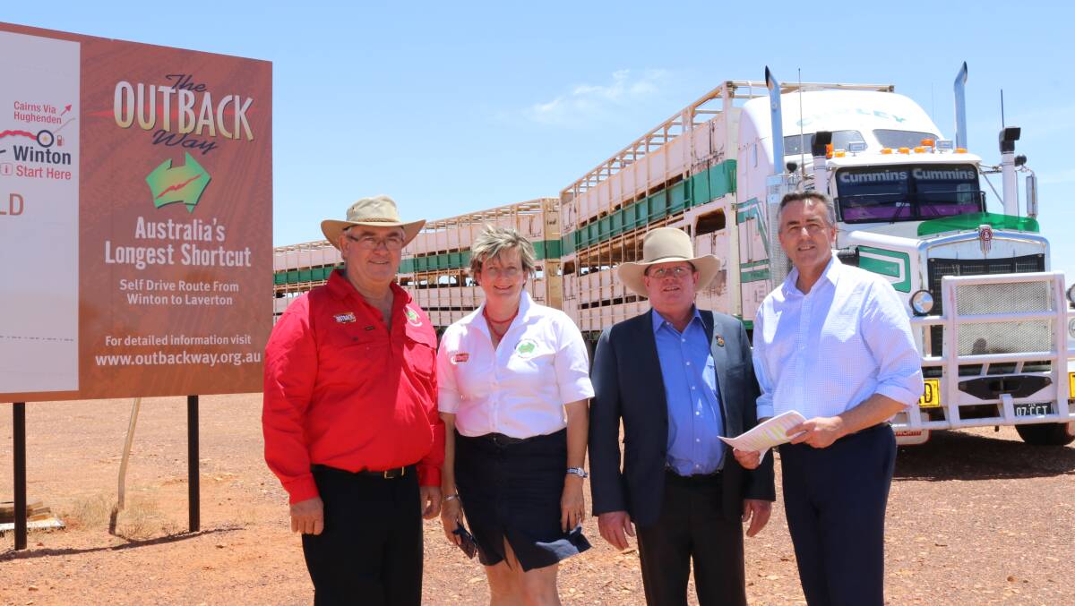 Onsite at Wednesday's announcement in Boulia - Chair of Outback Highway Development Council, and president of Laverton Shire, Patrick Hill; Outback Way Highway Development Council member Helen Lewis; Mayor of Boulia Shire Rick Britton; and Infrastructure and Transport Minister Darren Chester.