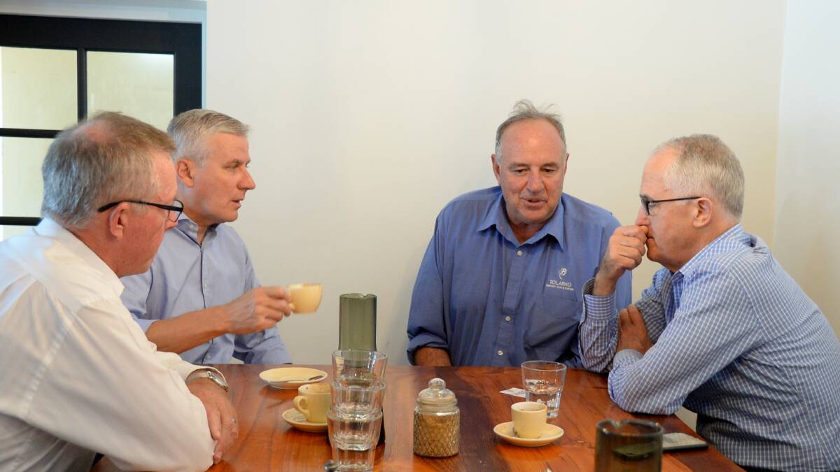DISCUSSIONS: Member for Parks Mark Coulton,  Michael McCormack, Rob McBride and Malcolm Turnbull. 
PHOTO: Myles Burt - Barrier Daily Truth.