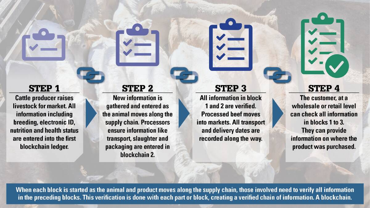 The blockchain process. Before the next step in the supply chain can be completed all previous steps and inputs must be verified.