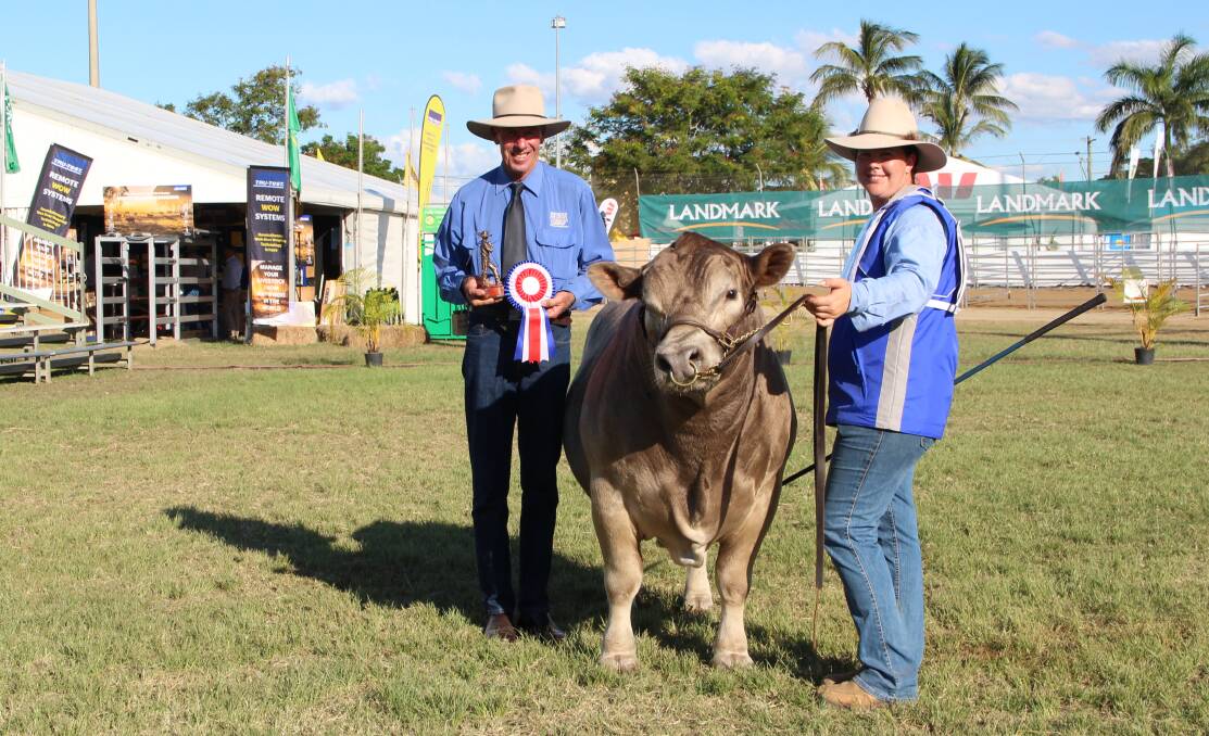 Gary Sewell, Oakvale Square Meaters, Wandai, with grand champion Square Meater bull Oakvale Man-o-man and Tracey Nuttridge, TLC Fitting Service, Lockyer Waters.