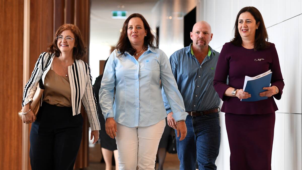 Chair of the Anti-Cyberbullying Taskforce, Madonna King, Kate and Tick Everett and Premier Annastacia Palaszczuk arrive at a press conference in Brisbane. Photo: AAP