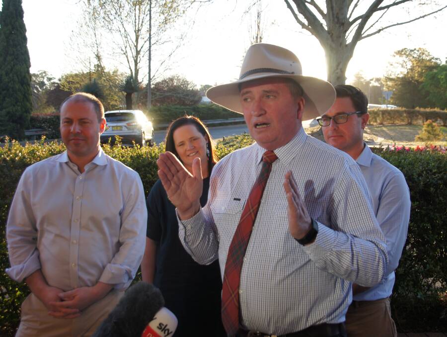 Treasurer Josh Frydenberg, Inverell Chamber of Commerce president Nicky Lavender, New England MP Barnaby Joyce, and Drought Minister David Littleproud in Inverell on Tuesday.