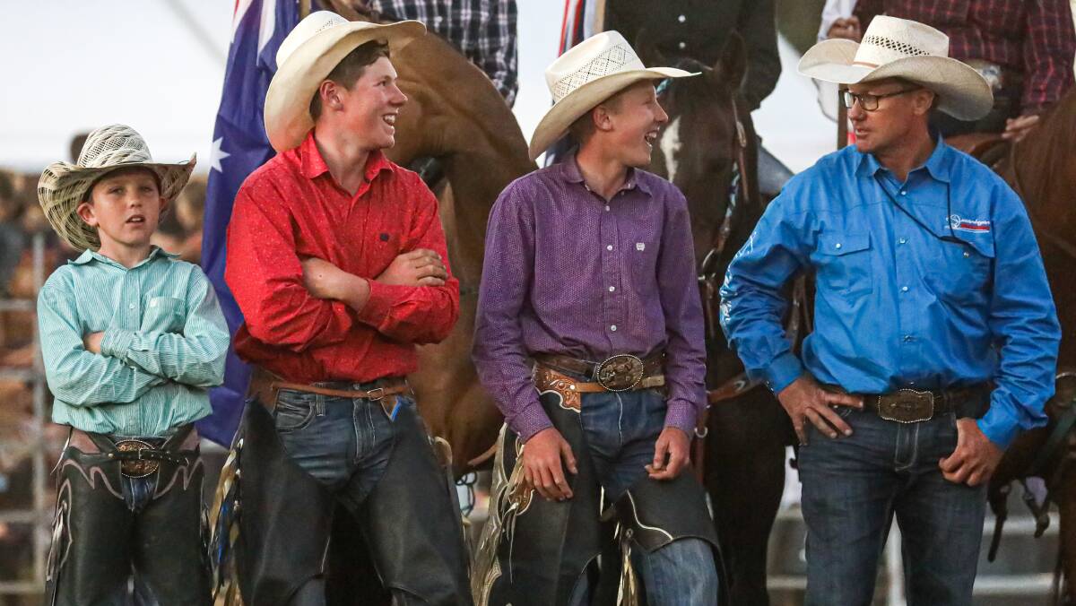 (From left) Cody, Jackson, Bailey, and Justin Searle at the Queanbeyan Rodeo in 2023. Picture supplied.