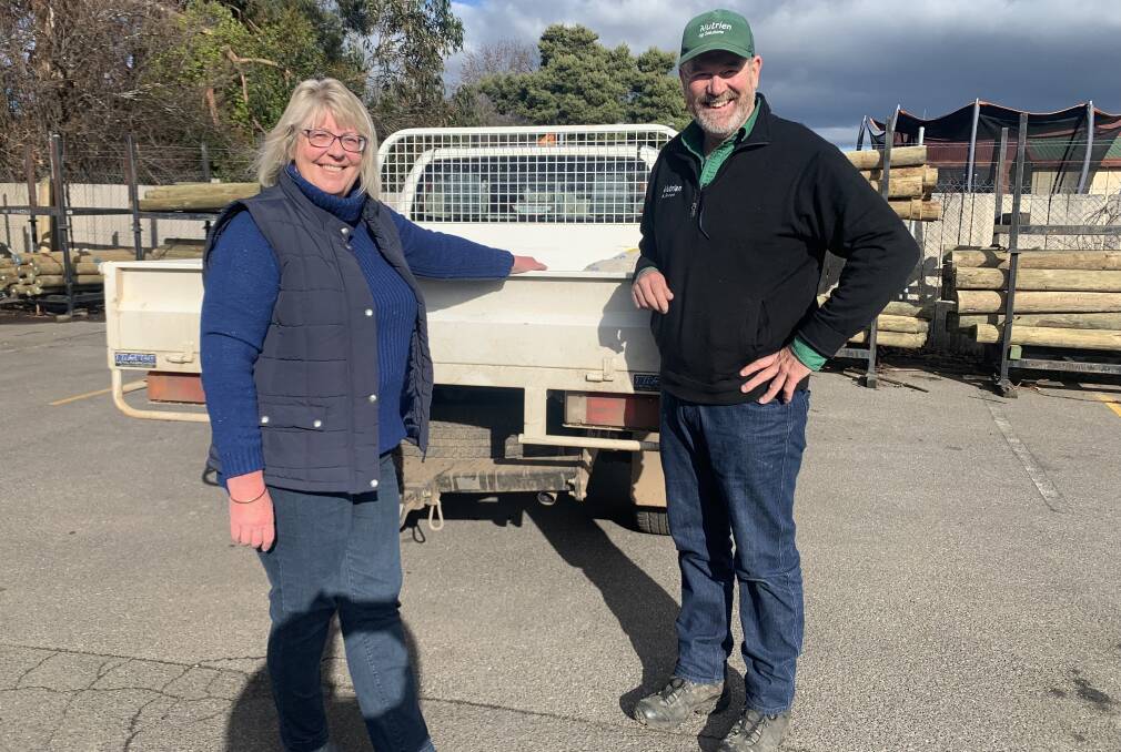 Community support: Tasmania's Longford Show Society Treasurer Sally Cauchi with Nutrien Ag Solutions branch manager Ian Herbert. Community organisations are being encouraged to apply for grants of up to $5,000. Photo: Supplied