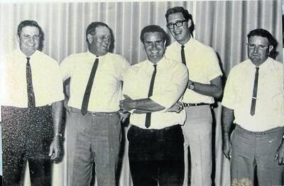 Alex Carrington, guest (name unknown), Col Muller Clive Harm and Ron Muller at Col s 21st held in Mount Isa.
