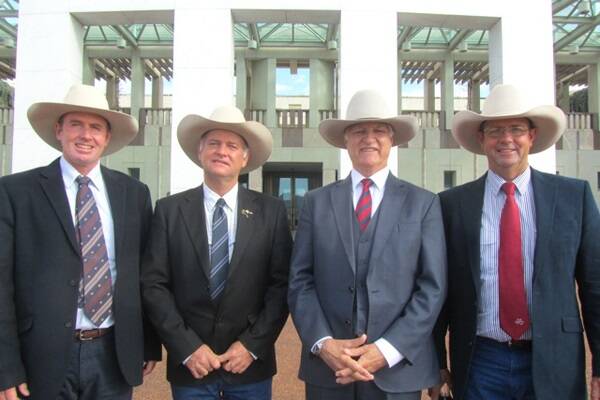 Independent MP Bob Katter with North Queensland graziers, Russell Lethbridge, Barry Hughes, and Rob Atkinson in Canberra today.