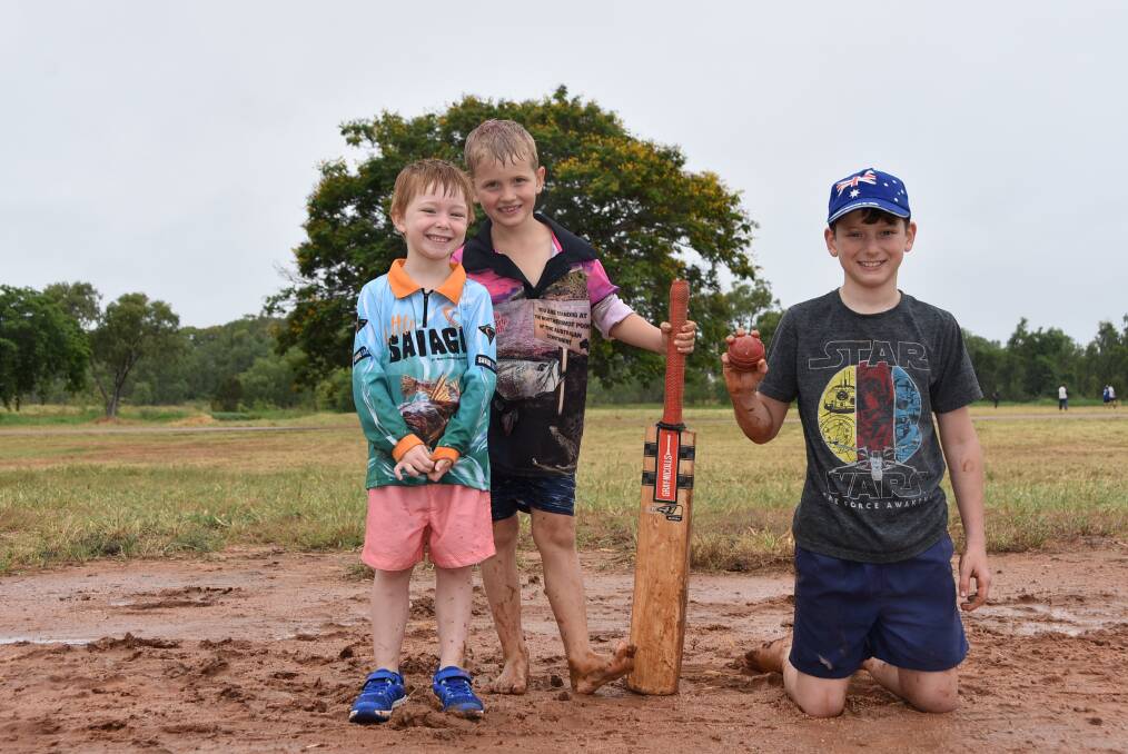 Peyton Cook, 5, Burdekin, Kolby Roughsedge, 6, Townsville and Marcus Winterburn, 10, Charters Towers, enjoyed the wet weather in Charters Towers. Picture - Jessica Johnston.