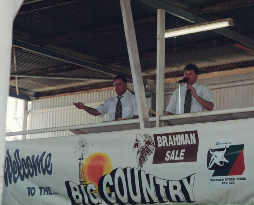 FAREWELL: Jim Geaney and Ken McCaffrey, selling at one of the early Big Country Brahman Sales in the 1990s.
