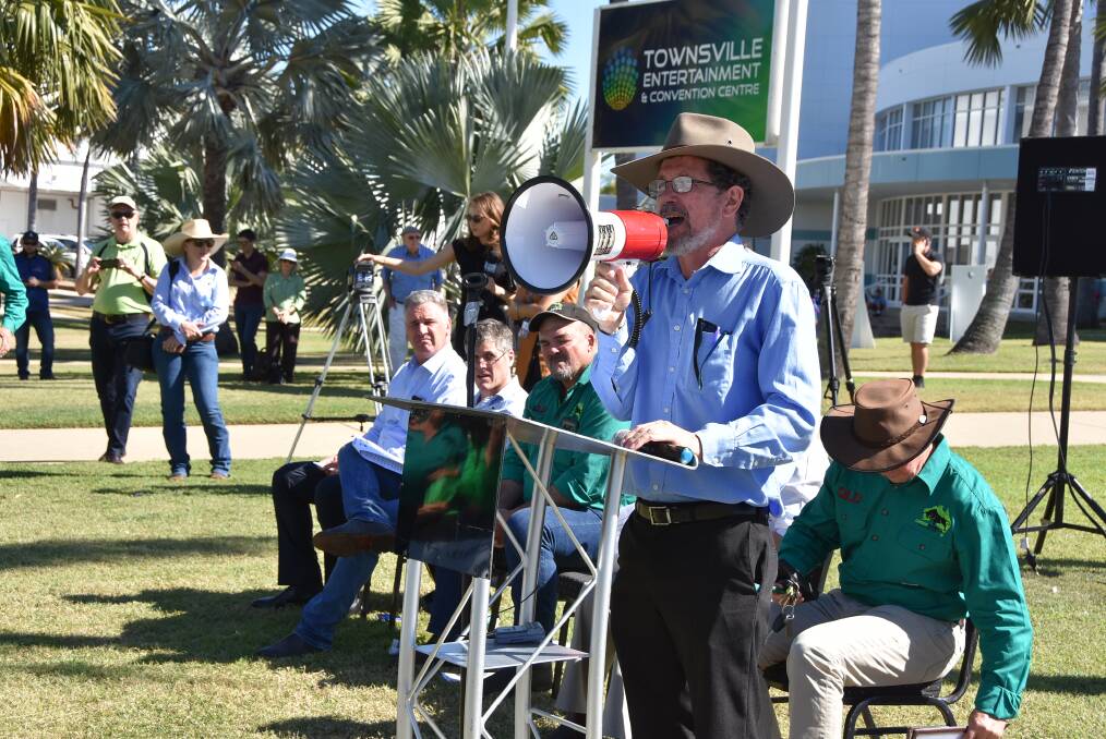 Dr Peter Ridd addresses farmers protesting against proposed new reef regulations in Townsville this week. 