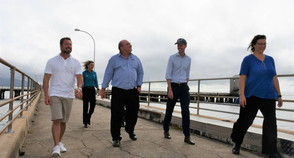 Hinchinbrook MP Nick Dametto, Hinchinbrook Shire councillor Donna Marbelli, Hinchinbrook Mayor Ramon Jayo, Transport and Main Roads Minister Mark Bailey and Port of Townsville general manager infrastructure and environment Marissa Wise at Lucinda service jetty this week.