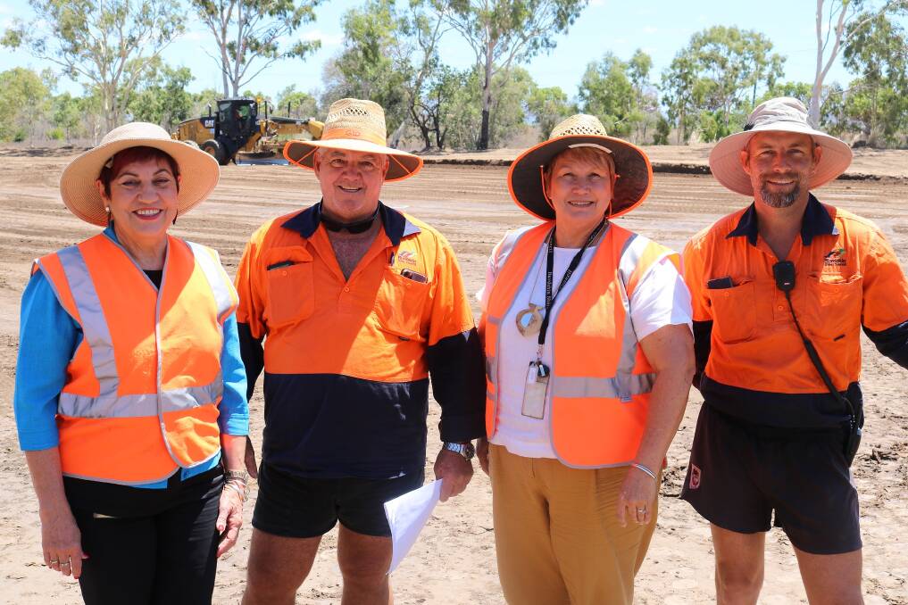 Burdekin Shire Council Mayor Lyn McLaughlin and Deputy Mayor Sue Perry with council staff completing preparatory works at the site of the Home Hill 5ML reservoir.