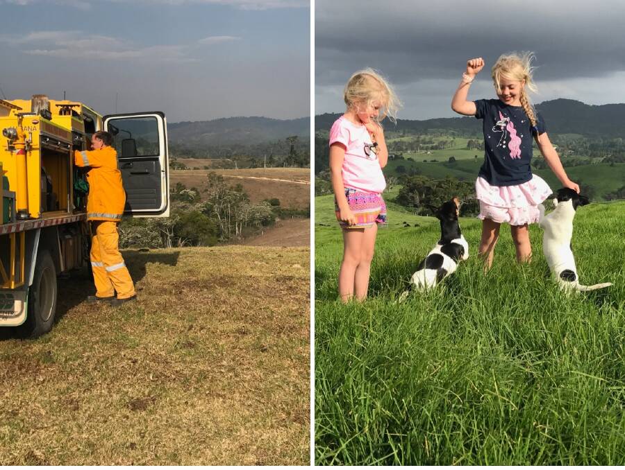 What a difference a month makes. Firefighters prepare to protect Cloudbreak Lowlines' paddock, near Eungella in late November. Sisters Cassidy, 6 and Imogen Tennent, 8, play in the same paddock this week.