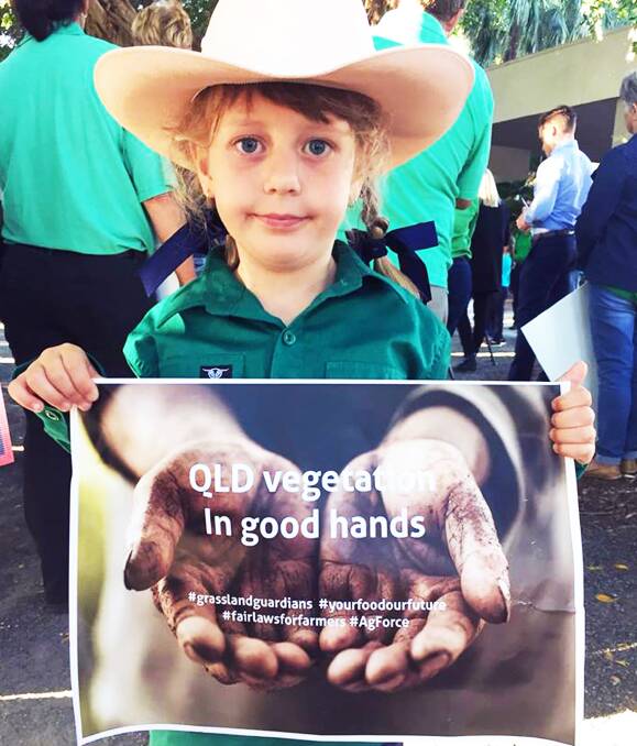 Mia Borg, 5, Ilbilbie, south of Mackay and Sarina, joined her parents Damien and Jodie Borg at the protest.