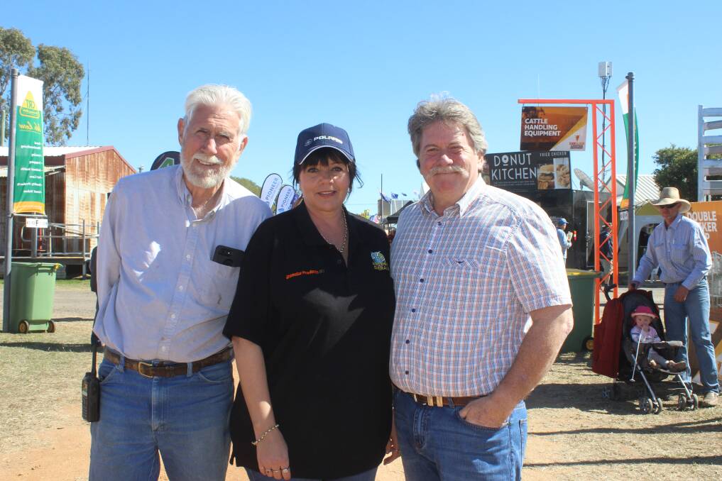 Ag-Grow Emerald Field Days managing director Geoff Dein, manager Donna Reeves and event announcer Neale Stuart at the 2019 event.