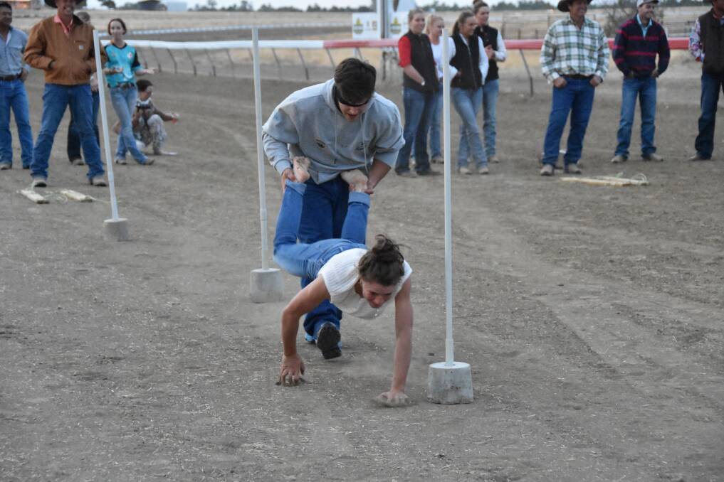 A blindfolded wheelbarrow-style race put contestants to the test.