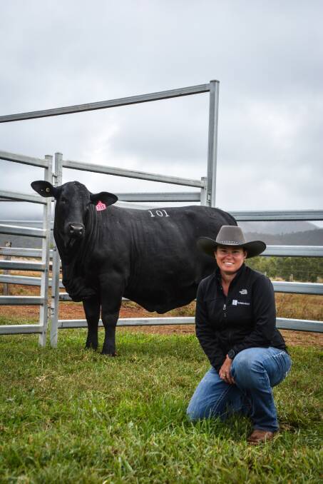 Fiona Pearce with Telpara Hills Miss Real McCoy 541P92, who sold for $40,000 (half share) to Brad Comiskey, Lunar Brangus, Emerald, setting a new Australian Brangus record price. Photo - Brittany Pearce.