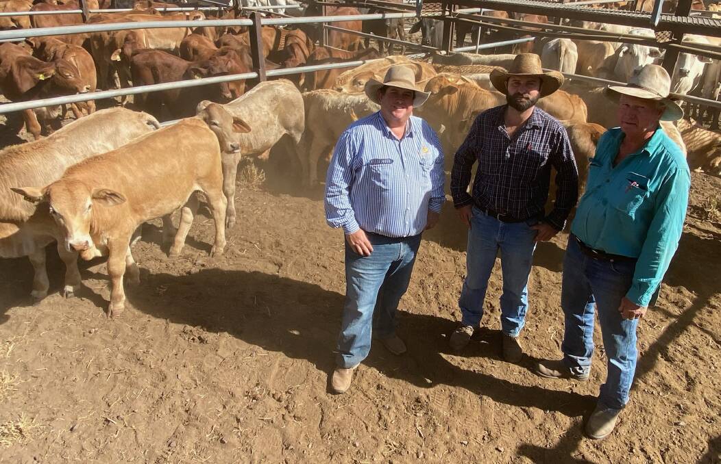 Joel Dawson, Brian Dawson Auctions, Rockhampton with vendors Peter and Robert Brieffies, Blue Mountain, at the Nebo store sale. Picture: Supplied