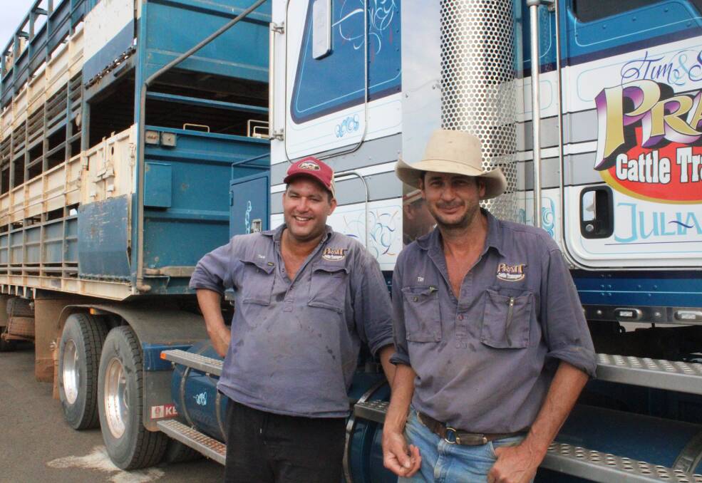 Livestock transport drivers, Tuck Mason and Tim Pratt of Pratt Cattle Transport, Julia Creek deliver 500 steers to the Cloncurry Saleyards and Clearing Depot bound for Barcaldine. Picture Helen Walker. 