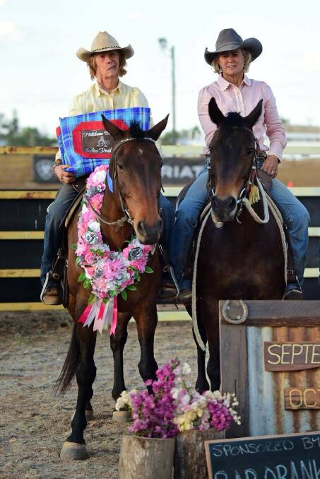 Dallas Daley riding her granddaughter's Bushranger won the Muttaburra Ladies Draft, while her daughter Jaye Hall riding Hall's Eltorrio,was placed second. Picture supplied. 