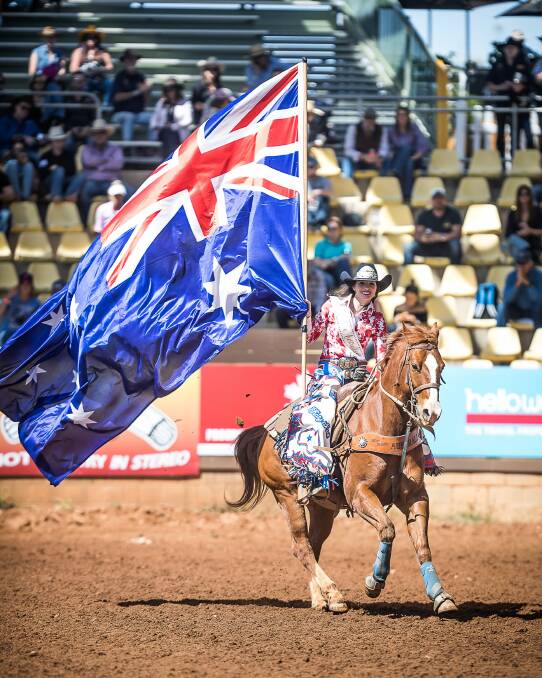 Miss Rodeo Australia leads the competitors in the arena. Picture - Stephen Mowbray