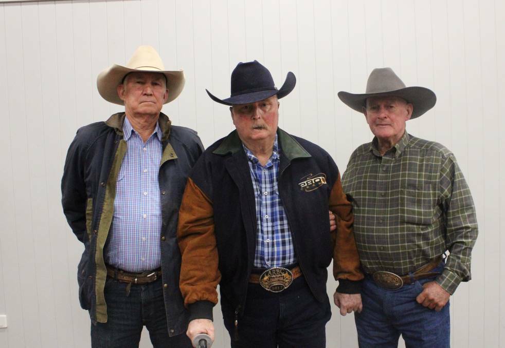 John Arnold with Ken May (centre) and Ian Francis at a special event held for the late Mr May in conjunction with the Dalby Australian Stock Horse Sale last December. Picture Helen Walker.