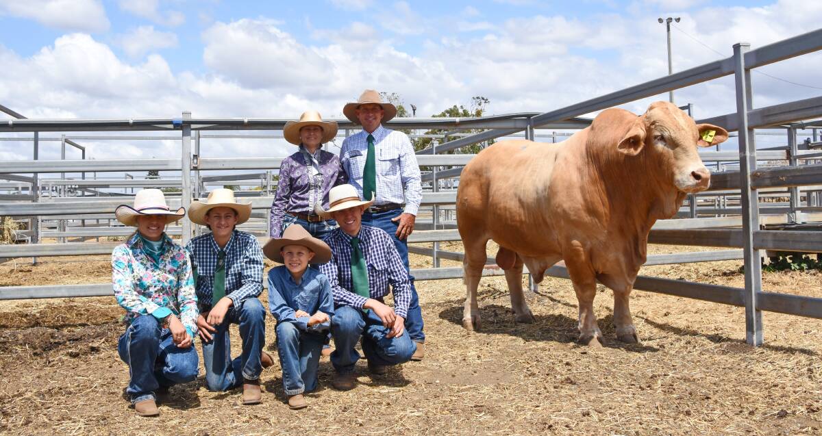 Lolita and Trevor Ford, with kids Chloe, Liam, Samuel, and Daniel, and their second-top priced bull Wattlebray Pin Up, knocked down to Lauren Burn, Tasmania, for $35,000.