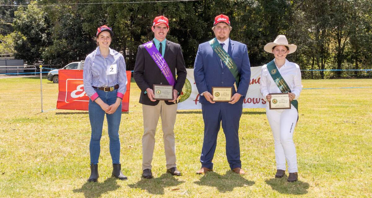 RNA 2020 virtual finalist Mikayla Crouch, Queensland Ag Shows dairy cattle young paraders and young judges state titles winner Jerry English, young judges runner-up Clinton Keir, and young paraders runner-up Sharnaye Wintzloff. Photo: Richard Smith Photography