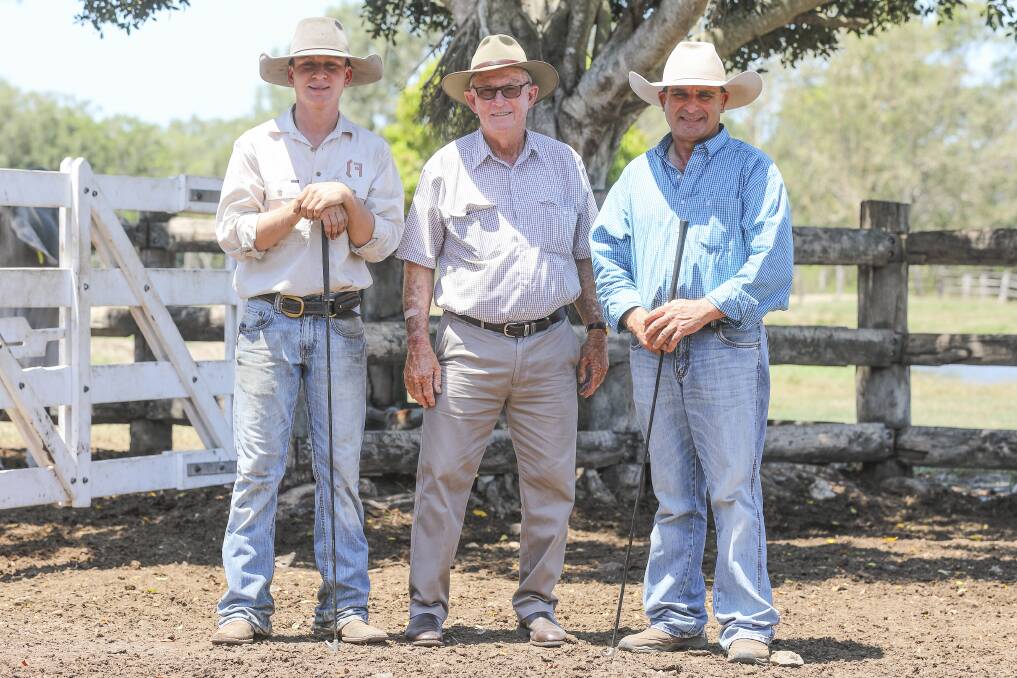 James and Paul Fenech (left and right), PBF stud, Sarina, with Geoff Angel, Glengarry stud, Kunwarara, purchaser of the top selling $22,000 heifer, PBF Dawn Manso 148/21 (IVF).
