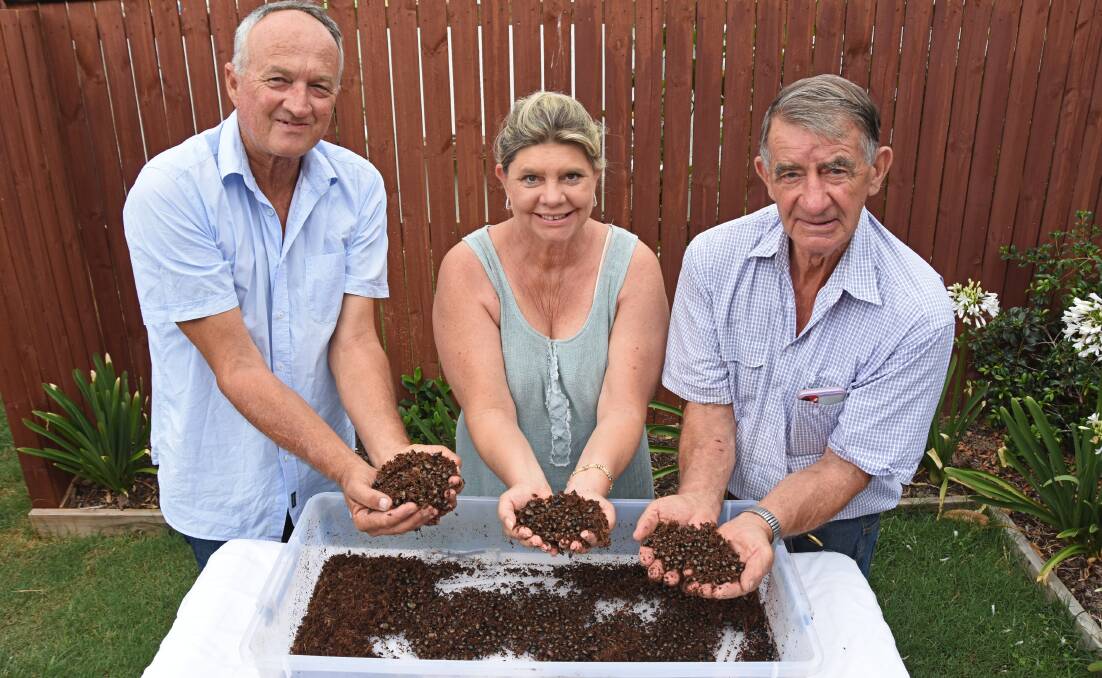 Jon and Sandra Lea and John Feehan with some of the almost 40,000 dung beetles prior to their flight to Darwin last week. Picture: Hayley Kennedy