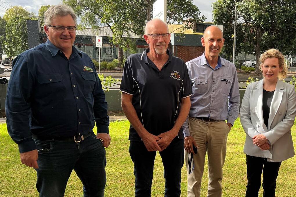 Farmers John Gladiagu, Alawoona, Barry Mudge, Port Germein, and Mark Modra, Cummins, with Associate Professor Kate Gunn, hosted a series of light-hearted farmer sessions looking at work-life balance. Picture supplied