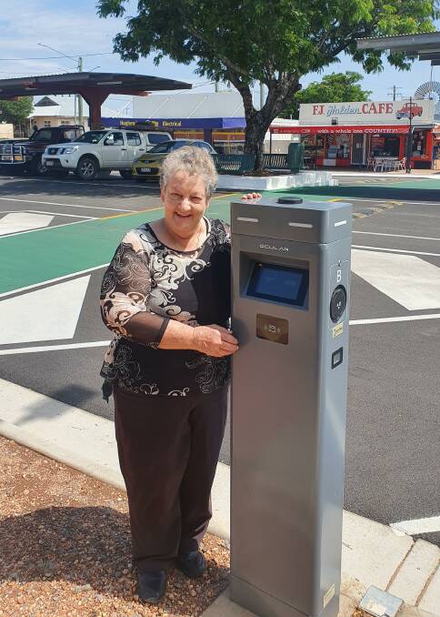 Flinders Shire Council Mayor Jane McNamara with the new EV charging station. 