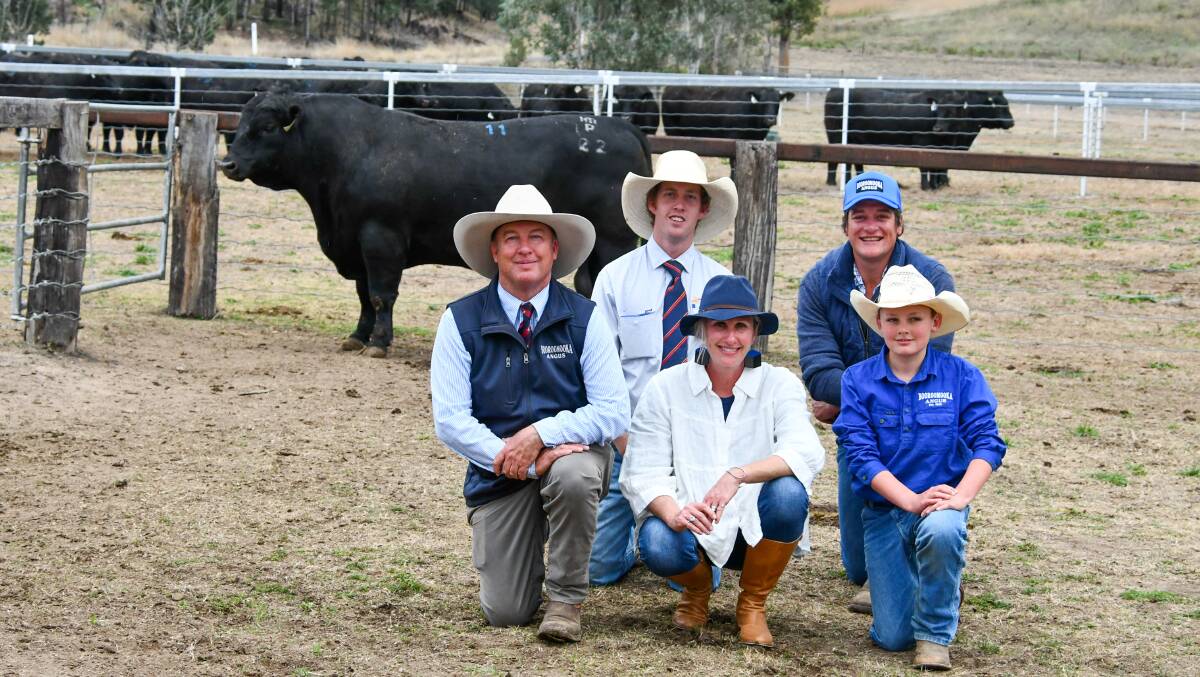 Sire Shootout entrant Booroomooka President P22 sold for $40,000. Kneeling together are Sinclair, Jo and Barnaby Munro of Booroomooka Angus while behind them is Davidson Cameron and Co agent Nick Rogers and Waldo Thompson representing buyers Bridgewater Angus, Black Mountain. Photo: Lucy Kinbacher 