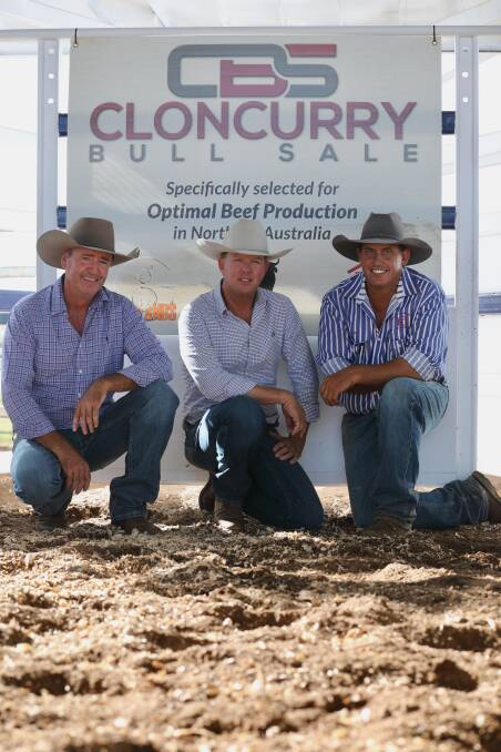 Pictured at the conclusion of the inaugural Cloncurry Bull Sale on Tuesday were co-vendors, Darren Childs, Glenlands D Droughtmaster stud, Theodore; Brett Nobbs, NCC Brahman stud, Duaringa and Anthony Anderson, Eddington Droughtmaster stud, Julia Creek. Photo: Kent Ward 