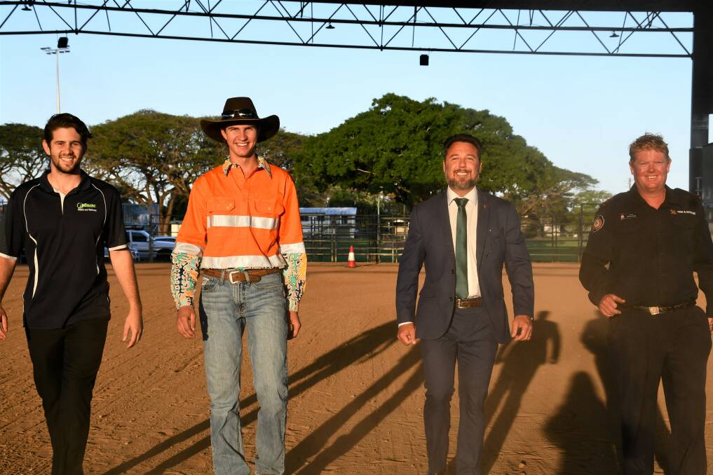 Casey Costabeber, Jonty Collins-Furber, Nick Dametto MP and James Stevens at Ingham Showgrounds where they will compete in the charity bull ride. 