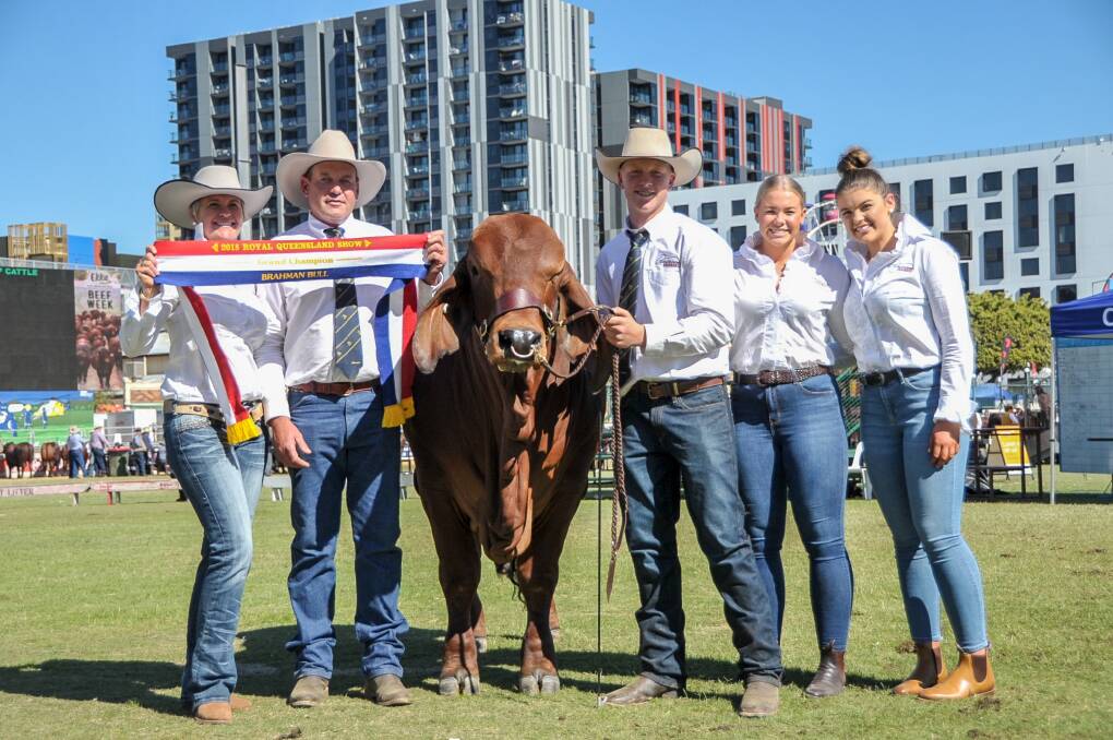 The Wilson family from Banana Station with grand champion Brahman bull, Banana Station Manly. Pictures: Lucy Kinbacher