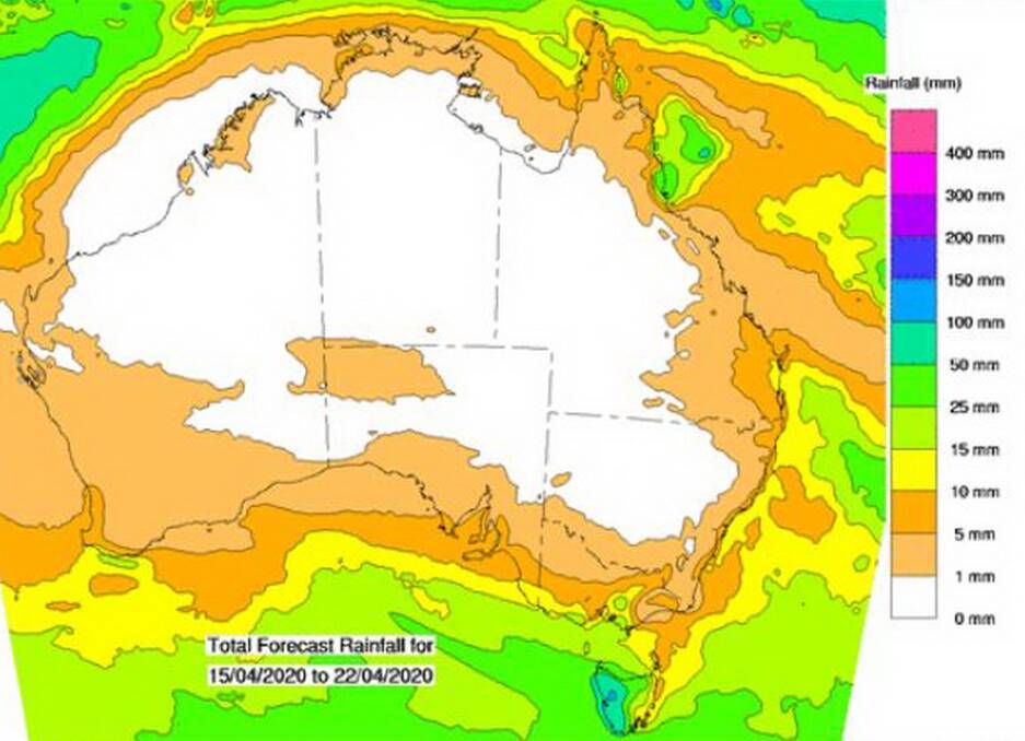 BoM's eight day outlook show very little rain on mainland Australia.