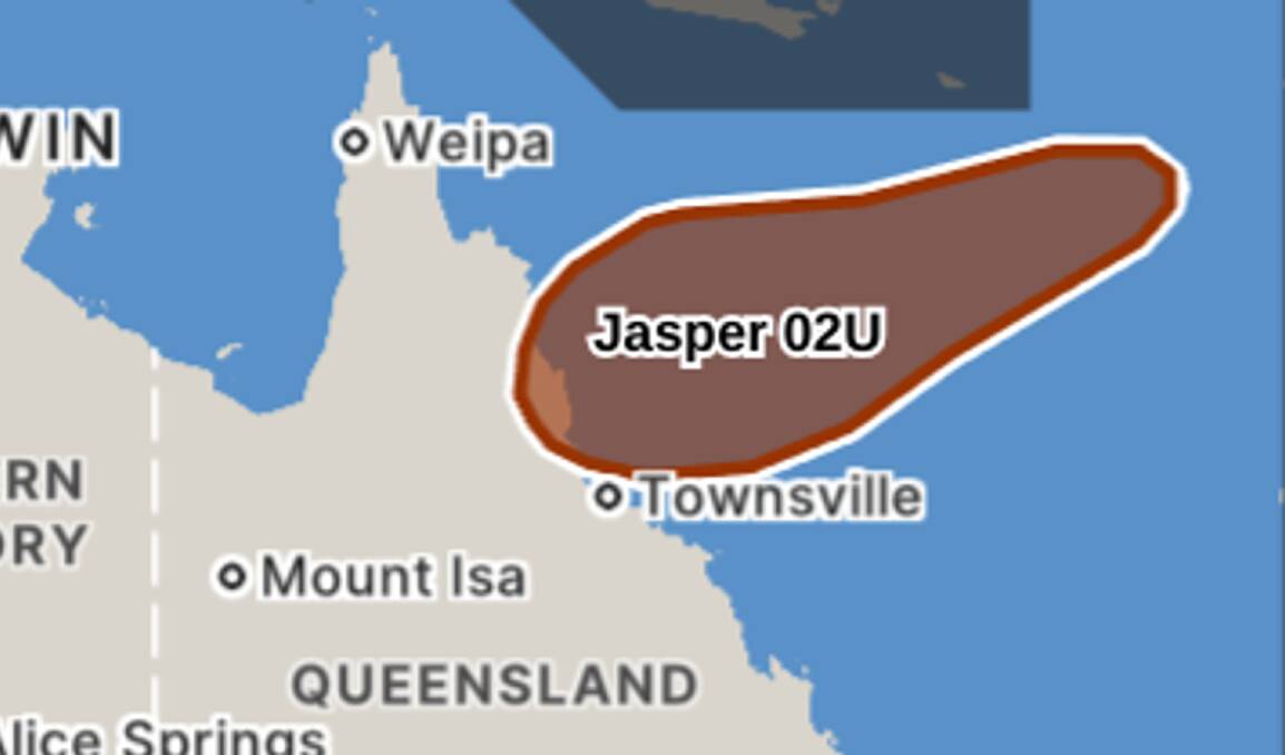 The Bureau of Meteorology has severe tropical cyclone Jasper hitting the Queensland Coast on about Tuesday morning. Map by BOM