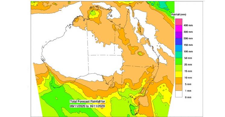 Plenty of cloud, but low BOM's computer modeling shows mainly only 1-5mm rain for Queensland during the next eight days. 
