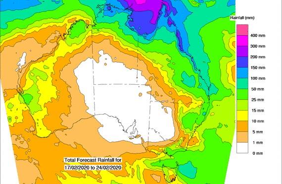EIGHT DAY OUTLOOK: More rain is predicted for large parts of Queensland, but the south west and far west is set to remain dry. - Source BoM
