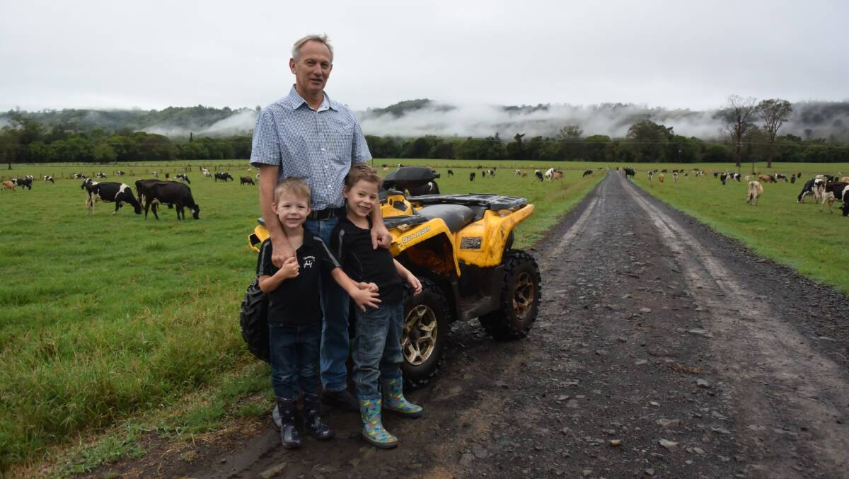 NSW Northern Rivers dairy farmer and Norco Cooperative chairman Greg McNamara and his grandchildren Rhyse and Brayden at home on Quamby.