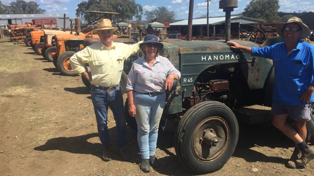 Ray White Rural auctioneer Rob Caton, owner Laurel Cornford and her son-in-law Trent Twidale with some of the machinery on offer at the Southbrook clearing sale.