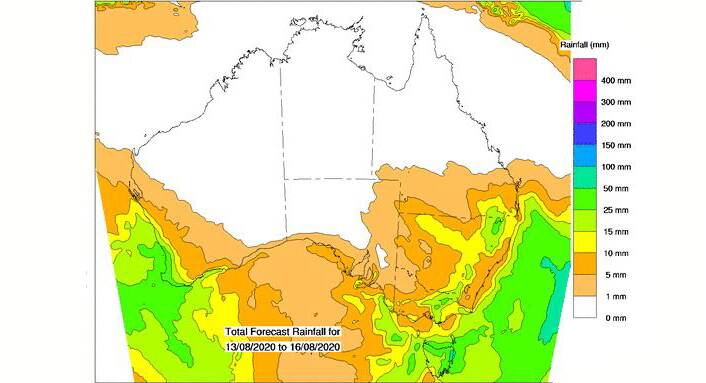 BOM's predicted accumulated rainfall totals for August 13 to 16.