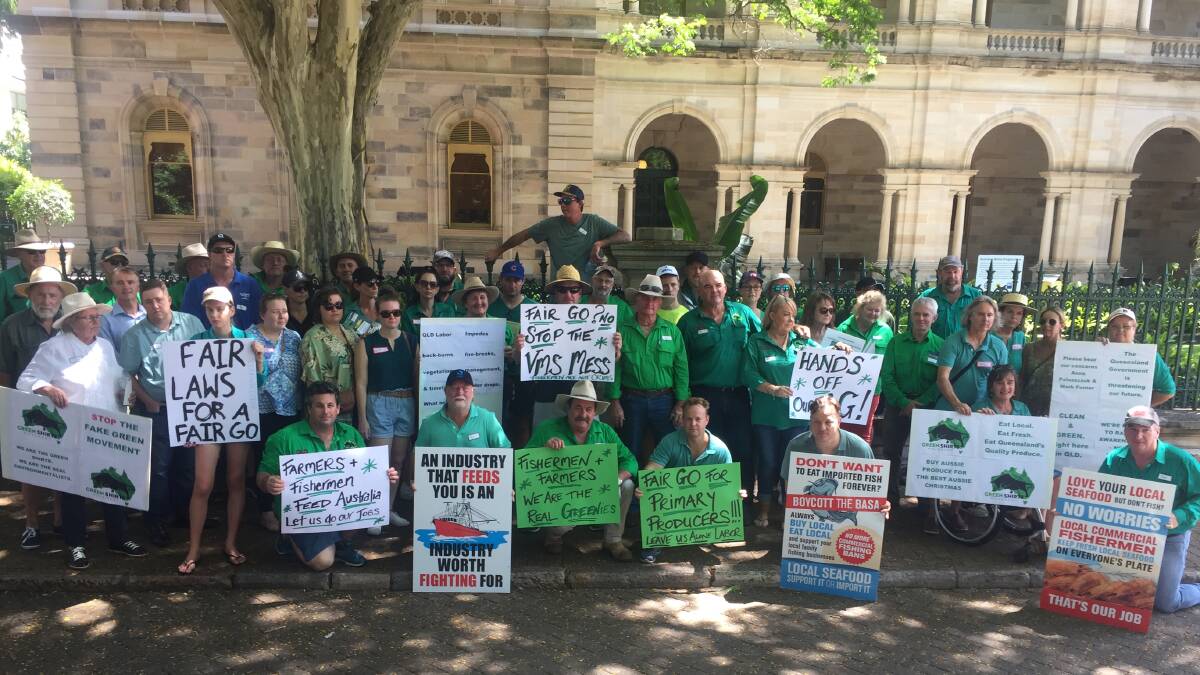 The Green Shirts Movement protesting outside Parliament House in Brisbane on Tuesday.