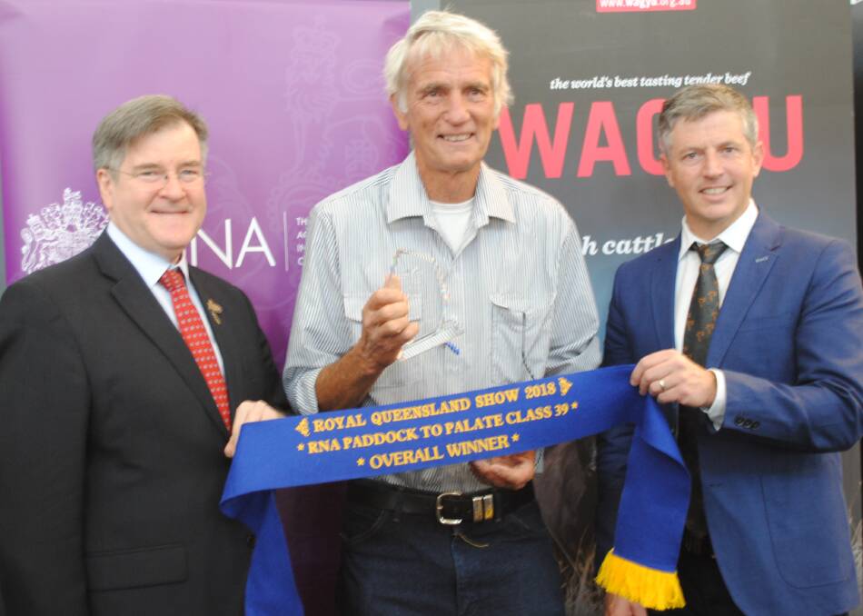 WAGYU WINNER: Alan Hoey, Allora, with RNA president David Thomas and Matt McDonagh from the Australian Wagyu Association.
