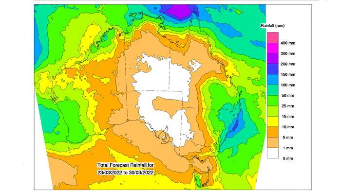 Bureau of Meteorology mapping shows more areas should receive 15-50mm totals over the next eight days.