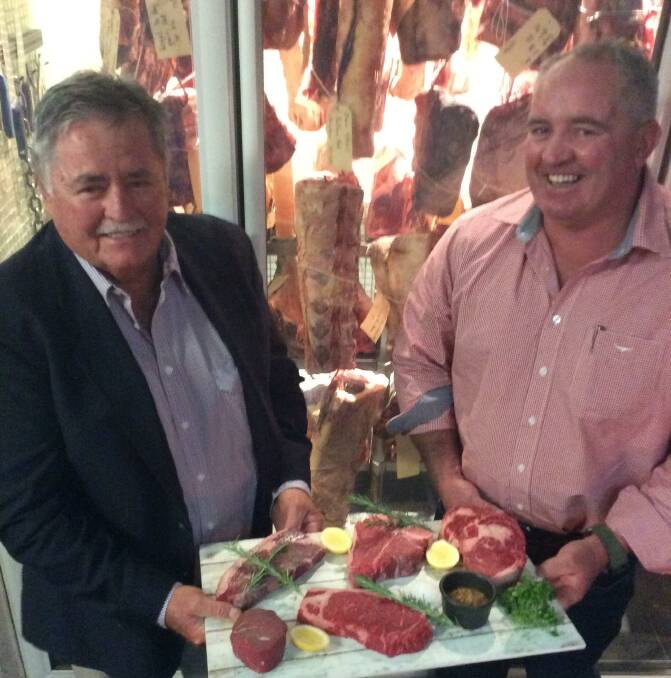 Father and son team John Brown and John Brown with award winning JBS Royal 100 steaks produced from Santa cattle bred on Jabinda, Tambo. 