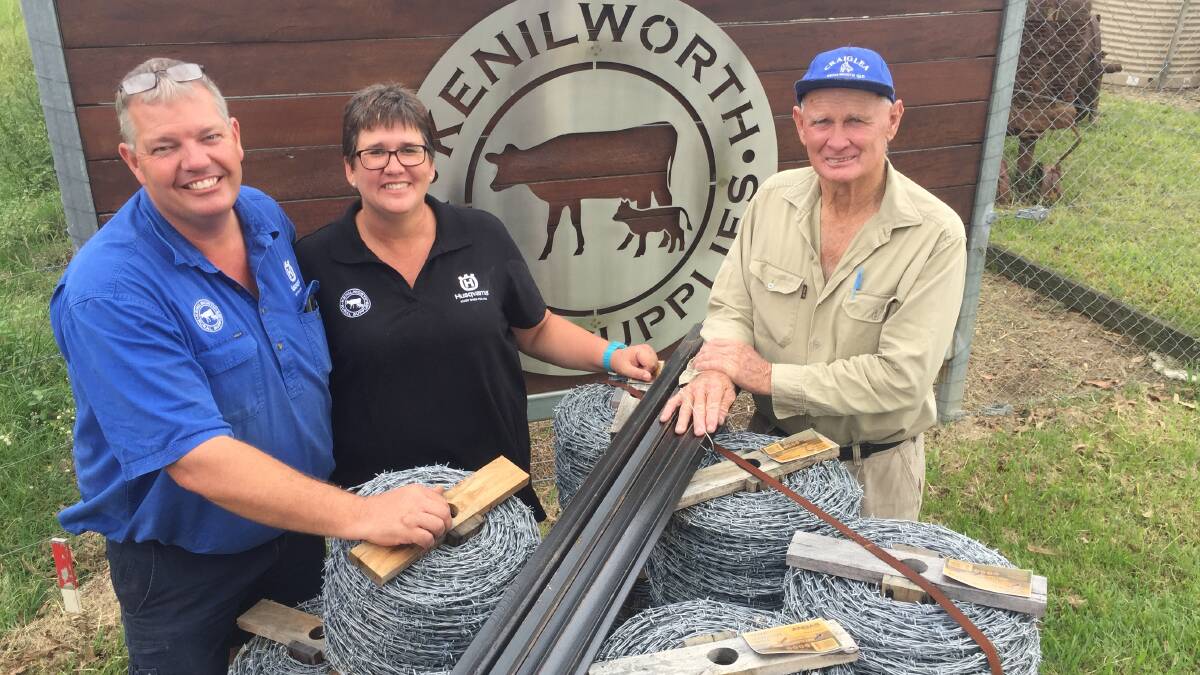 HELPING HAND: Shane and Kym Smith from Kenilworth Rural Supplies and Stan Johnston, Craiglea Stud, Kenilworth, launching the Rewired: North Queensland Refencing Flood Appeal.